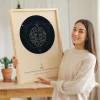 Woman holding a custom Leo zodiac poster in a wooden frame, featuring a lion illustration and astrology details. - Leo Zodiac Art