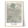 Framed custom city map poster of Pau, France, featuring detailed streets, green areas, coordinates, and a natural wood frame. - City Map Pau