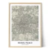 Framed personalized city map of Rennes, France, featuring detailed streets, surrounding roads, green areas, and geographic coordinates.