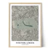 Framed custom map poster of Hyde Park, London, featuring detailed city streets, park areas, coordinates, and a natural wood frame. - City Map Hyde Park London