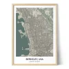 Framed personalized city map of Berkeley, USA, featuring detailed streets, the San Francisco Bay shoreline, surrounding hills, and geographic coordinates.