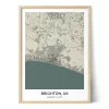 Framed personalized city map of Brighton, UK, featuring the coastline, detailed streets, surrounding countryside, and geographic coordinates.