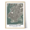 Framed personalized city map of Brooklyn, New York, featuring detailed streets, waterways, parks, and geographic coordinates.