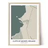 Framed personalized map of the Cliffs of Moher, Ireland, featuring the coastline, nearby paths, roads, and geographic coordinates.