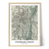 Framed personalized city map of Strasbourg, France, featuring detailed streets, waterways, green areas, and geographic coordinates.