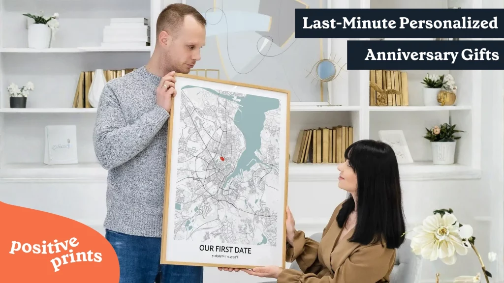 Couple holding a personalized city map print marking the location of their first date, with the text “Our First Date.”