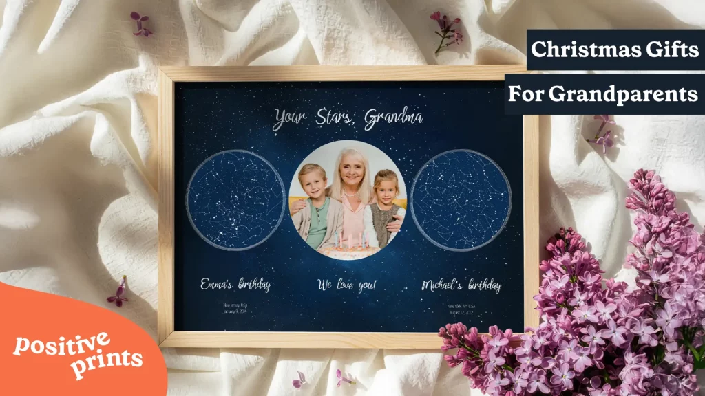 Personalized star map with a grandmother’s photo and two grandchildren, featured as a meaningful Christmas gift for grandparents.
