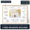 Personalized teacher retirement signature gift in a wooden frame, featuring a watercolor school portrait, handwritten thank-you messages, and callouts for choosing a style and creating artwork based on a photo, with 2 free revisions included. - Teacher Retirement Signature Gift Watercolor School Portrait