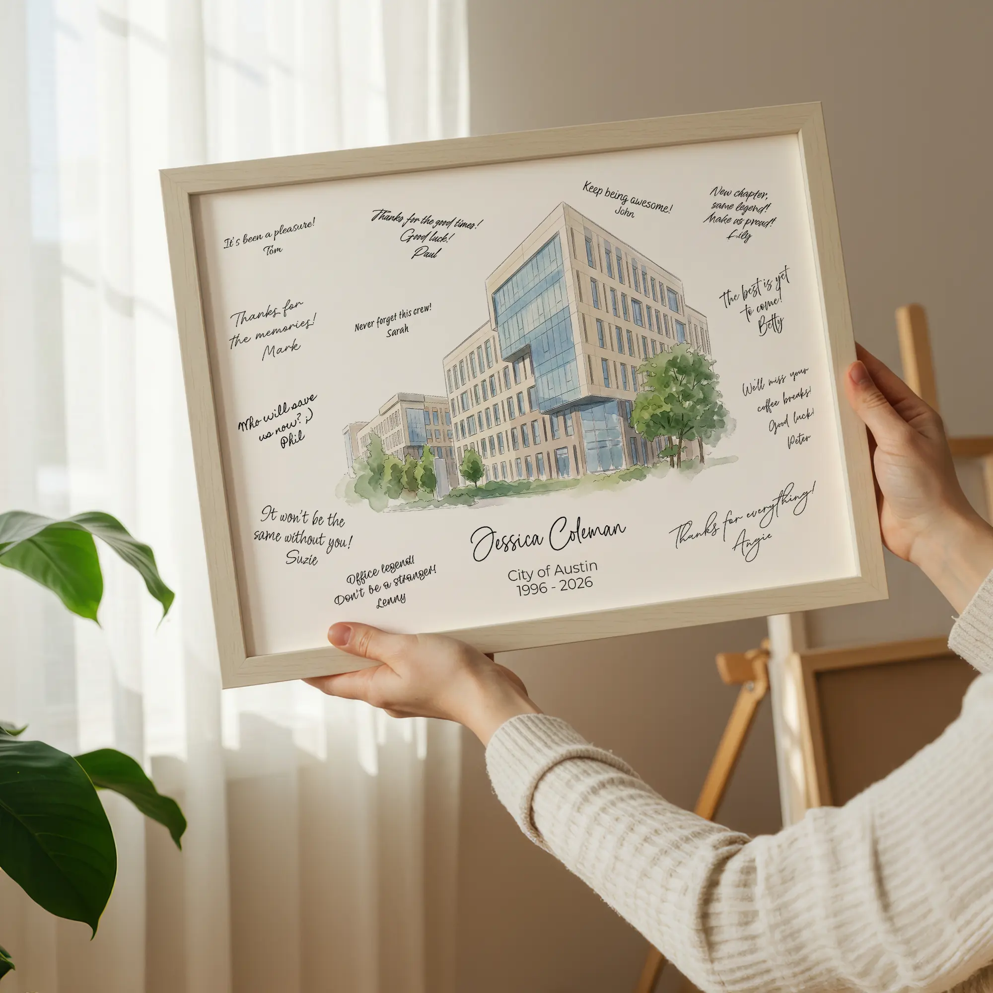 Retirement Signature Gift for Coworker or Boss – Watercolour Office Portrait