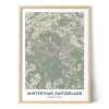 Framed city map poster of Winterthur, Switzerland, showing detailed streets, surrounding green areas, and coordinates beneath the city name in a minimalist beige and muted green style. - City Map Winterthur