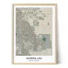 Framed personalized city map of Aurora, USA, featuring detailed streets, surrounding roads, waterways, green areas, and geographic coordinates.