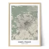 Framed personalized city map of Nîmes, France, featuring detailed streets, surrounding roads, green areas, and geographic coordinates.