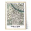 Framed personalized city map of Putney, London, featuring detailed streets, the River Thames, surrounding neighborhoods, and geographic coordinates.
