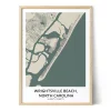 Framed personalized city map of Wrightsville Beach, North Carolina, featuring the barrier island, waterways, surrounding roads, and geographic coordinates.