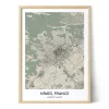 Carte personnalisée encadrée de Nîmes, France, avec le réseau de rues, les routes environnantes, les espaces verts et les coordonnées géographiques.