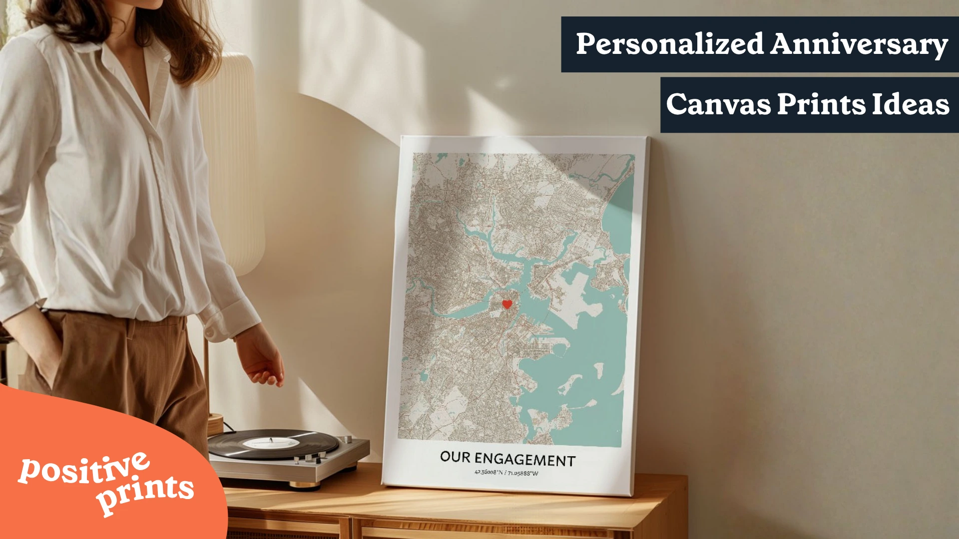 Personalized engagement city map canvas displayed on a wooden cabinet in a warm interior, with a red heart marking a meaningful location.