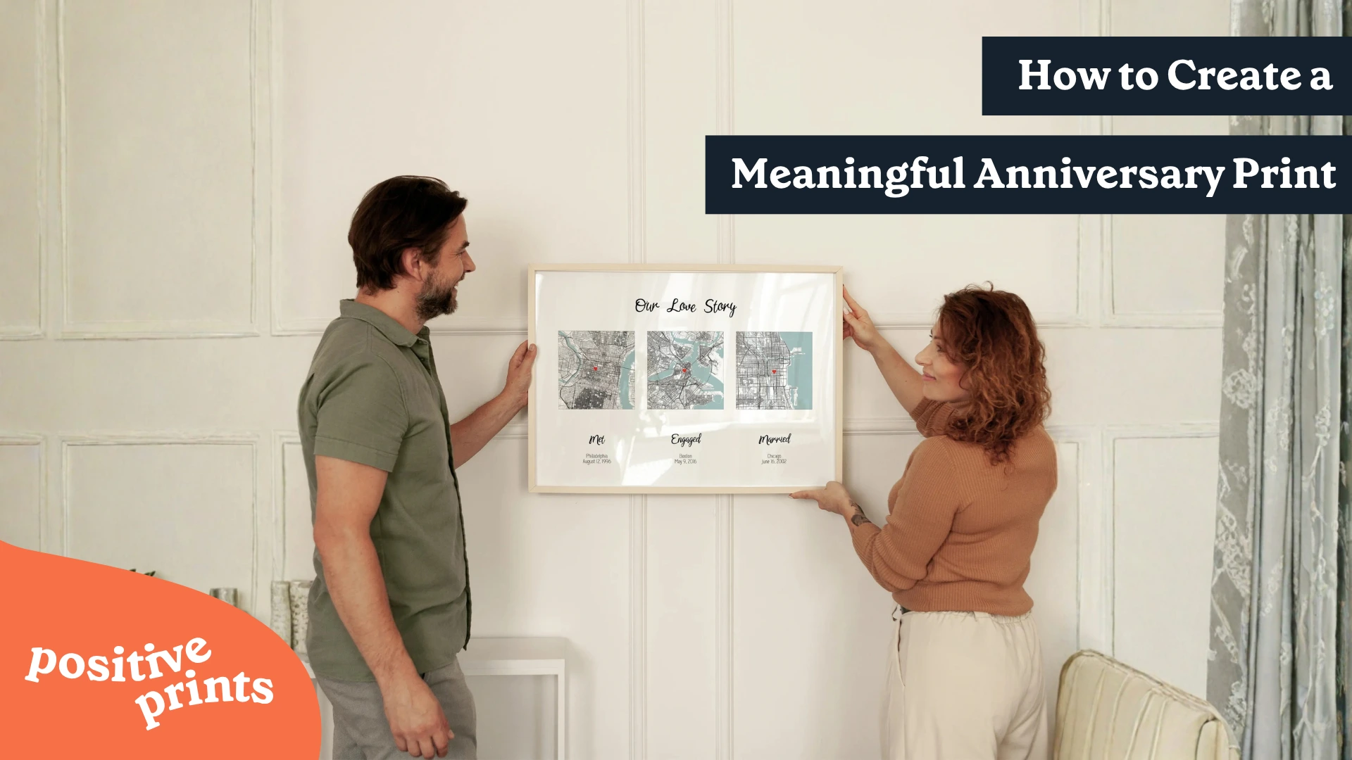 Couple displaying a personalized love story map with three meaningful locations, featured as a Meaningful Anniversary Print
