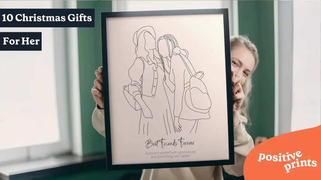 Woman holding a personalized Friends Line Art portrait, featured as a thoughtful Christmas gift for her or a best friend.