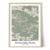 Oprawiony plakat z mapą Zielonej Góry w Polsce, przedstawiający układ ulic, tereny zielone i współrzędne miasta. - City Map Zielona Góra